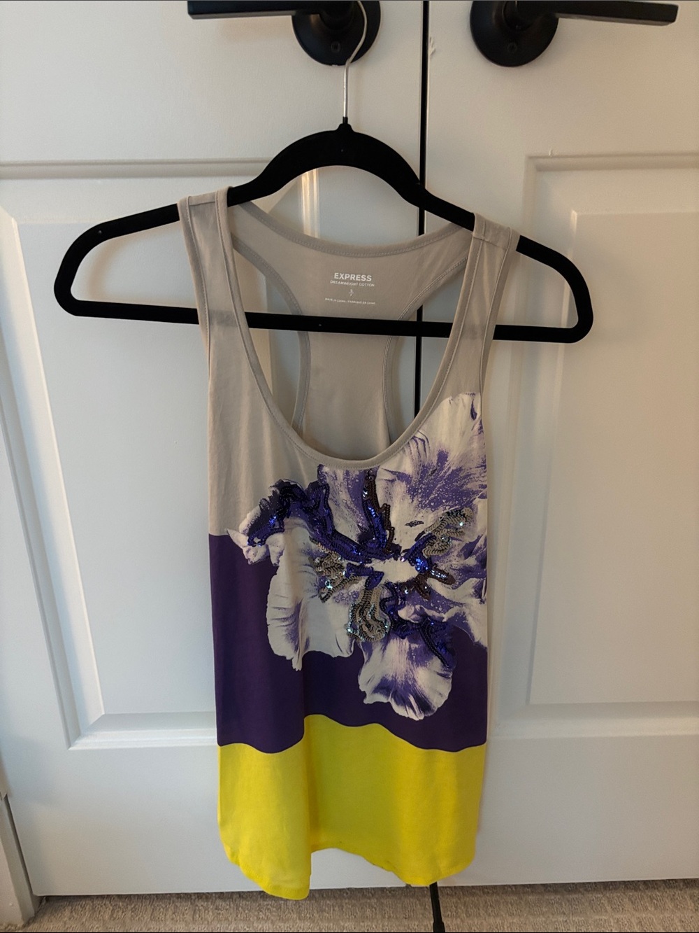 Express Colorblock Floral Sequin Tank Top in Gray, Purple & Yellow